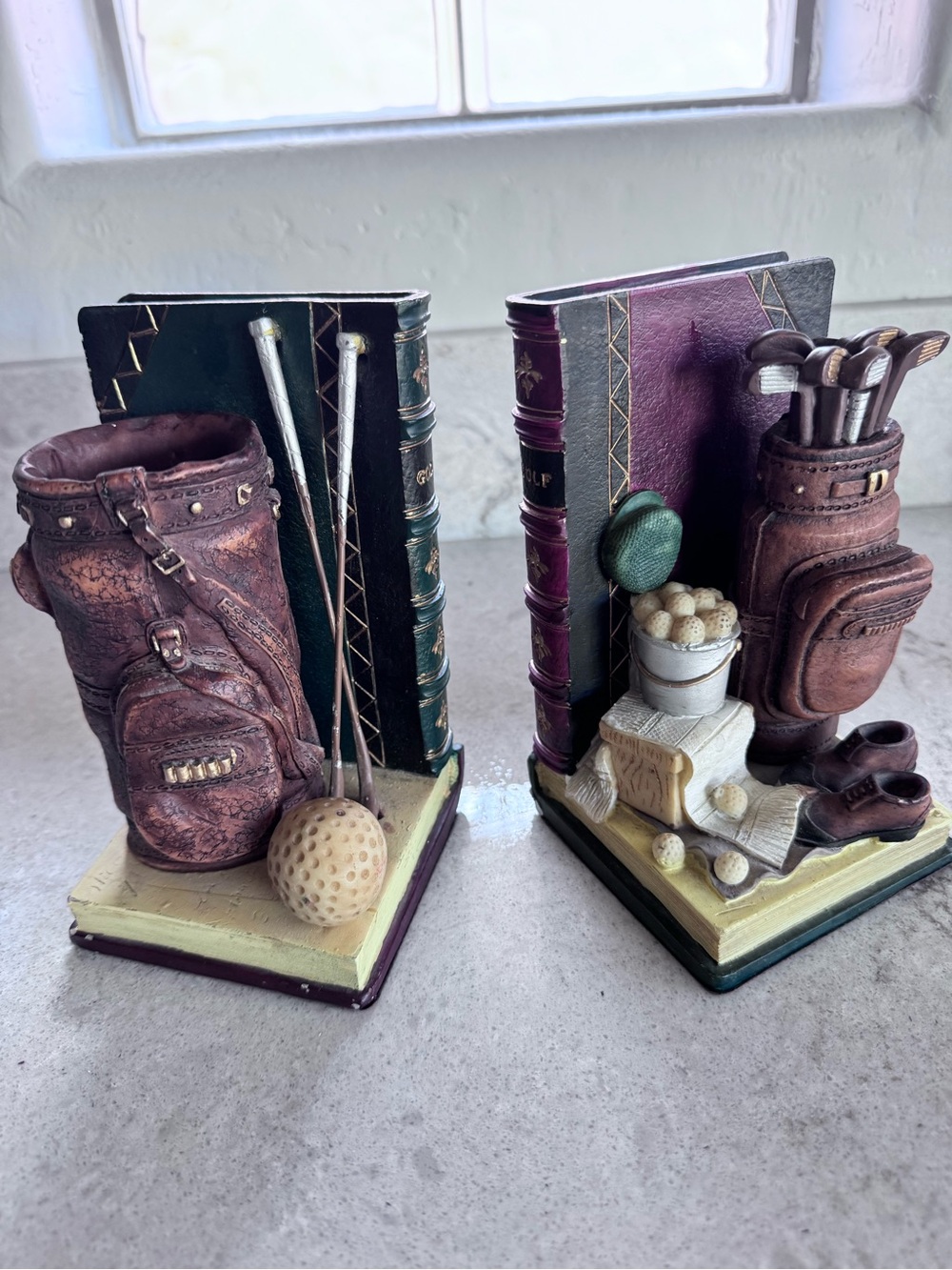 Vintage Golf-Themed Decorative Bookends in Brown and Green